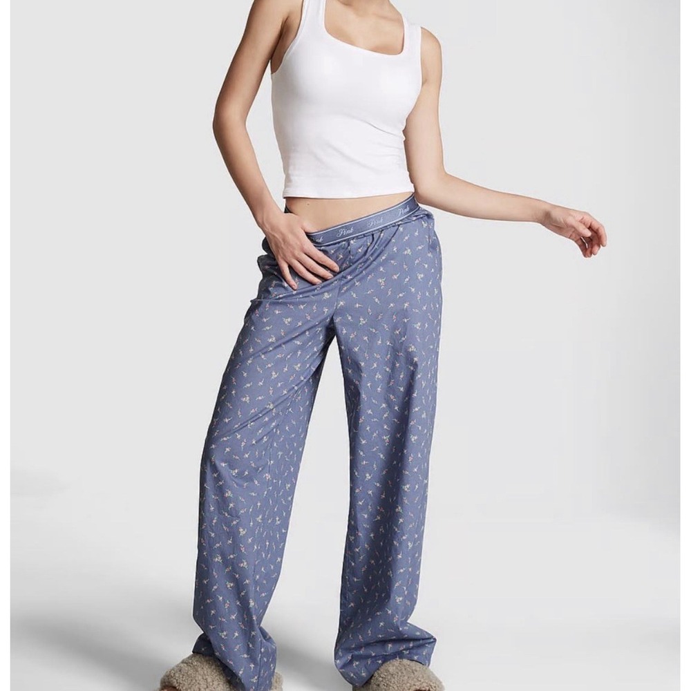 Victorias Secret Pink Logo Floral Cotton Poplin Pajama Pants Small Blue Elastic